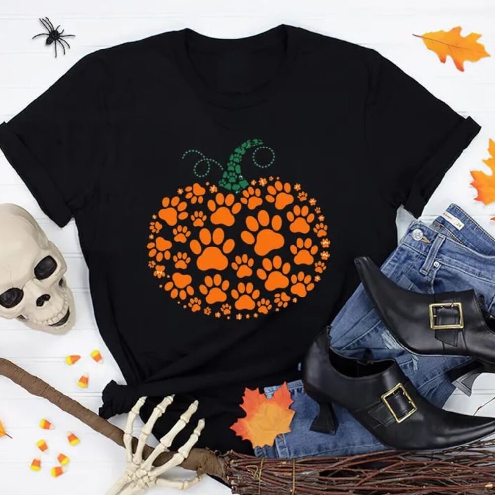 Paw Print Pumpkin Halloween Tshirt, Retro Dog Thanksgiving Shirt